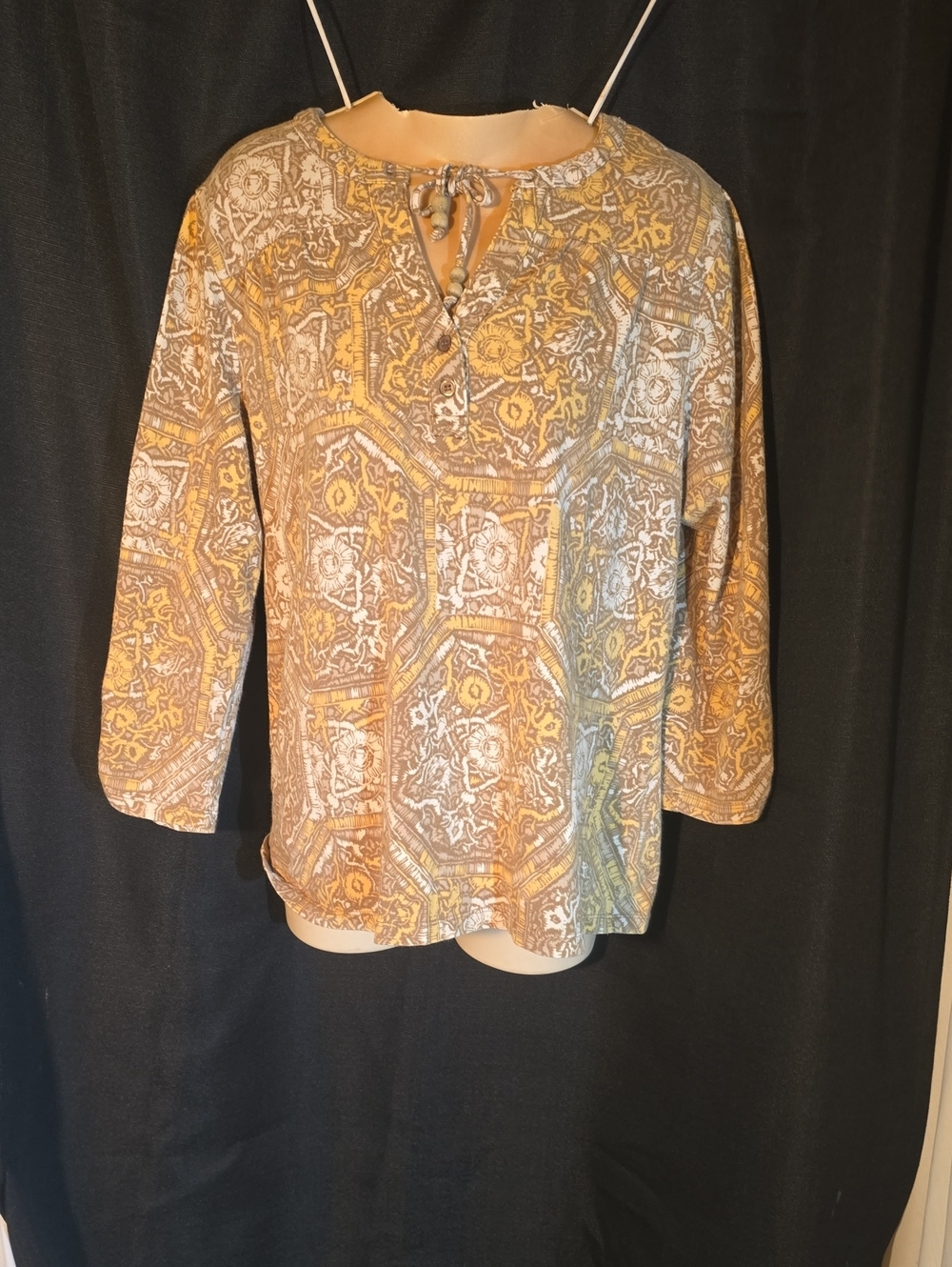 Caribbean Joe Yellow Tan Boho Medallion Paisley Print Blouse Size XL
